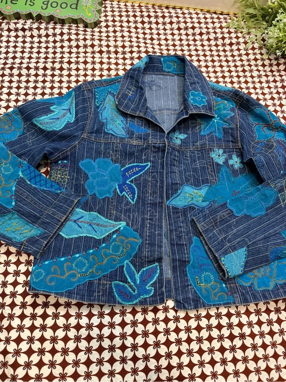 Blue Floral Patchwork Denim Jacket